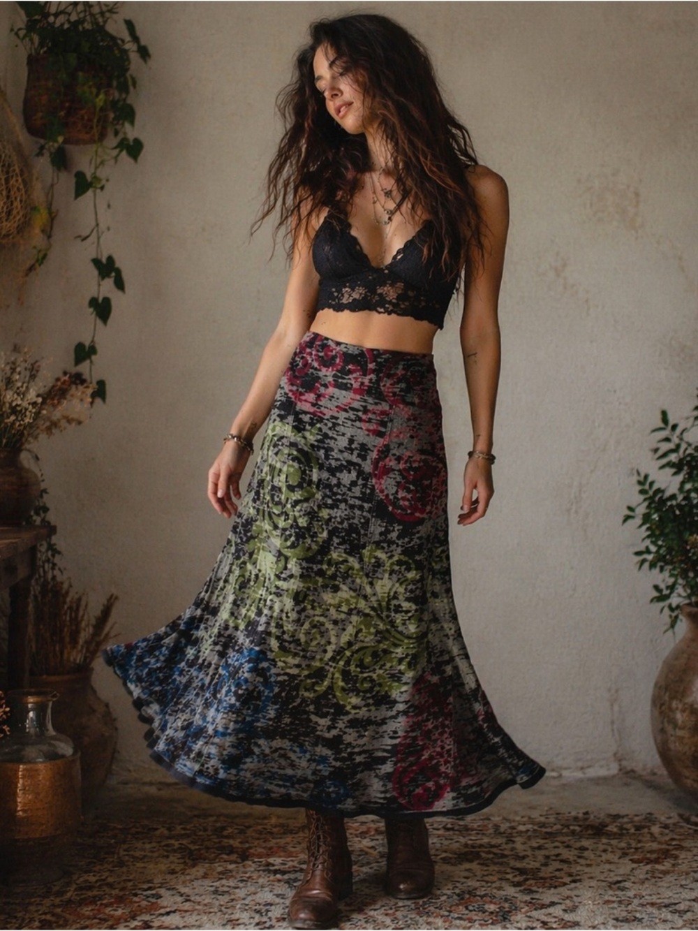 Nally & Millie Black Reversible Maxi Skirt with Green, Blue & Red Floral Swirls